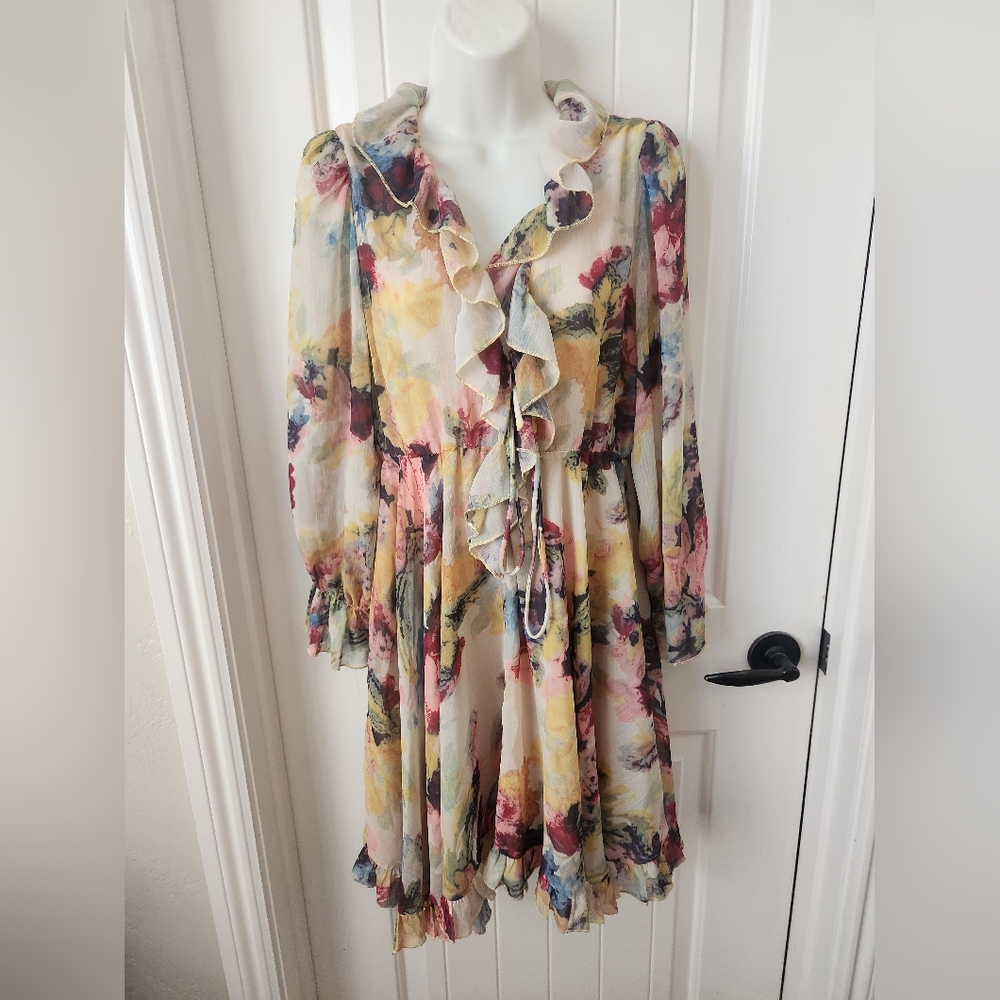 O.P.T. Floral Sheer Long Sleeve Above Knee Ruffle Dress Sz SMALL Like New